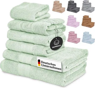 Produktbild von Famanu Handtuchset 2 x große Handtücher + 2 x Handtücher + Badmatte + Haarturban - 100% Baumwolle