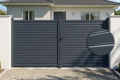 Produktbild von CALANCIA 4 m H. 180 cm Drehtor, graues Aluminium + CALANCIA Fußgängertor, graues Aluminium