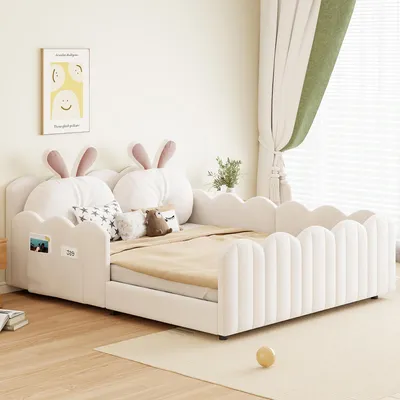Produktbild von Polsterbett 140x200 mit Kaninchen-Kissen, weiches Plattformbett für Kinderzimmer & Jugendzimmer im modernen Design, Beige