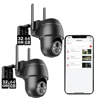 Produktbild von 2 Stück Überwachungskamera außen 2,4 GHz WLAN 360 ° Schwenk-/Neigekamera Außenbereich, Farbnachtsicht, Bewegungserkennung, 32&64GB