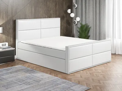 Produktbild von Boxspringbett RON  140x200 mit 2 Bettkästen, Bonell-Matratze und Topper. Dekorative Stifte an den Seiten der Kopfstütze. Bett Komplett-Set mit Matratze,Bettkasten & Kopfteil. Stoff Eko Cayenne. Elegantes Bett mit massives Kopfteil.