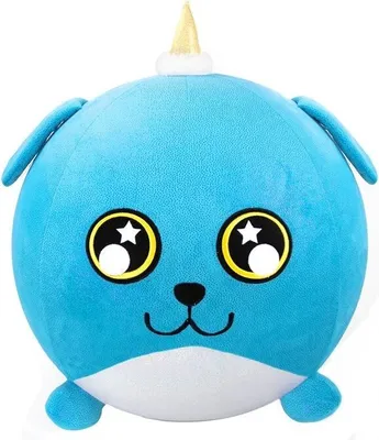 A blue plush toy with large yellow eyes and a gold horn on its head, presented against a white background.