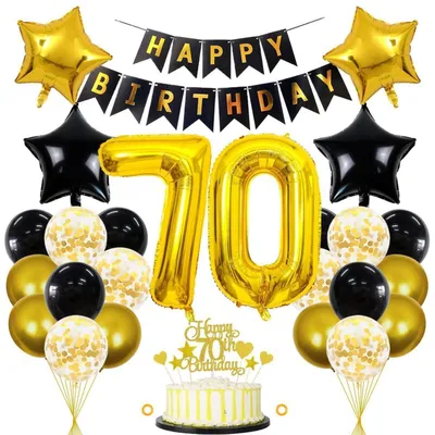Immagine prodotto di Decorazioni per il 70° compleanno: nero e oro, set da 32 pezzi, include palloncini, ghirlanda e decorazioni per la torta