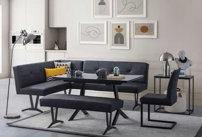 Obrázek produktu pro Stylový černý jídelní set kožené rohové lavice židle