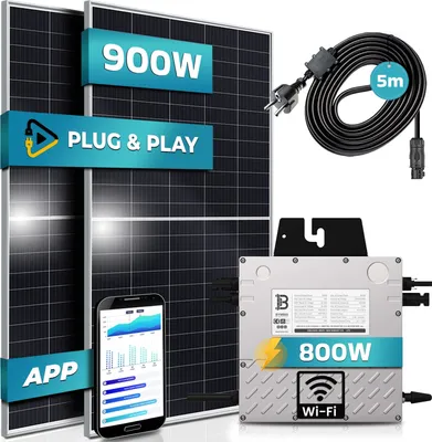 Produktbild von SUNNIVA® 900W Balkonkraftwerk 800W komplett Steckdose - Beny 800W Wechselrichter - PV Solaranlage - 2x450W Solarmodule - 5m Kabel - WIFI