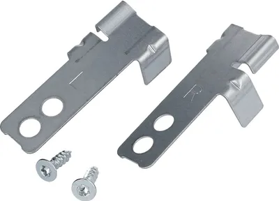 Two metal brackets with screws on a white background.