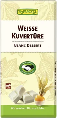 A package of white chocolate couverture with cocoa pods and a physalis fruit depicted.