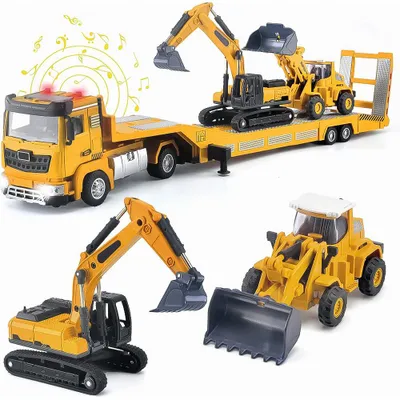Image de Ensemble de camions et remorques G.C Véhicules de chantier pour enfants avec pelleteuse et bulldozer, longs véhicules de chantier, camion porte-voitures avec lumières et sons pour enfants