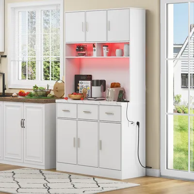 Produktbild von okwish Küchenschrank,Hochschrank mit LED-Beleuchtung,Steckdosen und 3 Schubladen,Vitrine,Buffet verstellbaren Einlegeböden,Kabelführungslöchern,Weiß
