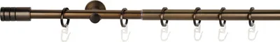A curtain rod with rings, displayed horizontally against a white background.