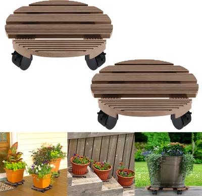 Produktbild von LARS360 2 Stück Pflanzenroller WPC Rund Ø 300mm Tragkraft 100 kg Blumenroller Rollen mit 2 Feststellern Transporthilfe für Pflanzen Wetterfest, Braun