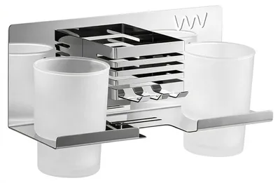 Produktbild von Zahnbürstenhalter Wand Edelstahl Selbstklebend mit 2 Zahnputzbechern Silber