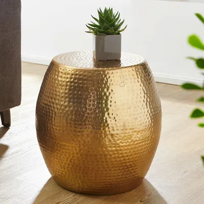 Obrázek produktu pro FineBuy kulatý odkládací stolek 42 cm, zlatý kov – orientální designový obývací stolek z hliníku – malý konferenční stolek z hliníku s povrchovou úpravou „hammered“ – dekorativní stolek