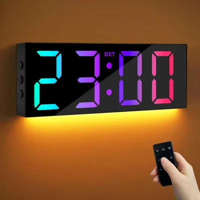 Digitale Wanduhr 12 Zoll, LED, 8 Farben, DST, Nachtlicht, Schwarz
