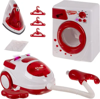 A collection of toy household cleaning appliances, including a washing machine, vacuum cleaner, iron, and hair dryer, arranged on a white background.