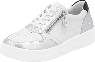 A single white and silver sneaker with white laces and a black heel accent is shown from a side-angle on a white background.