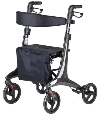 Image de Déambulateur à roulettes avec siège pour seniors, déambulateur pliable et léger, aide à la marche en fibre de carbone avec roues en PVC massif de 20 cm et poignée réglable - Supporte jusqu'à 136 kg