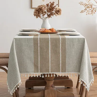 Produktbild von Tischdecke Leinenoptik Khaki Boho Streifen 140x240cm Rechteckig Beige
