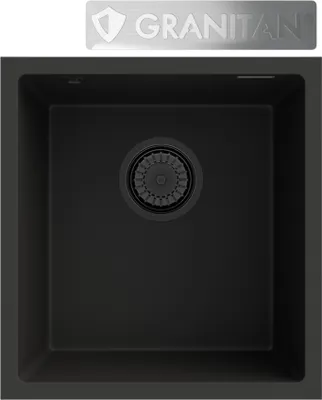 Obrázek produktu pro Granitan | Granitový dřez – kuchyňský dřez – umyvadlo – 41 × 38,5 cm – vestavný dřez, černý – sifon – MINI