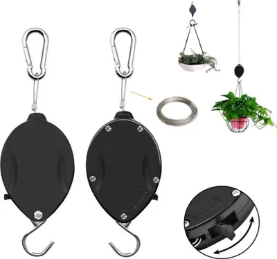 Immagine prodotto di 2 ganci per cesti da fiori, carrucola per sospendere piante, gancio retrattile e regolabile, gancio di sollevamento per piante, supporto per casette per uccelli, cesti da giardino e vasi sospesi,