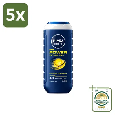 Obrázok produktu pre 5 kusov gélu na umývanie NIVEA MEN Power Refresh 3 v 1 – 250 ml – balenie