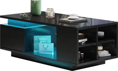 Produktbild von 100*50*36cm Couchtisch, kaffeetisch mit Schublade,Hochglänzender LED-Beistelltisch, Sofatisch,Ein Wohnzimmertisch mit vier seitlichen Ablagefächern