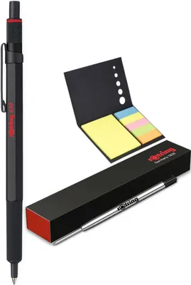 Productafbeelding van rOtring 600 Balpen + Sticky notes + pen refill - Zwarte inkt - Zwart vat met antislip gekartelde grip