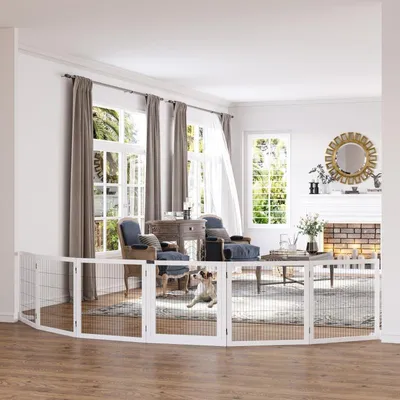 Image de Barrière de sécurité pour chiens Moonbite, 6 panneaux pliables, protection pour escalier en bois de pin avec pieds de support, 432 × 70 cm, lattes espacées de 2,2 cm, bois, blanc