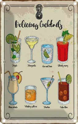 Produktbild von vianmo Blechschild 18x12 cm Cocktails Mojito Martini Margarita