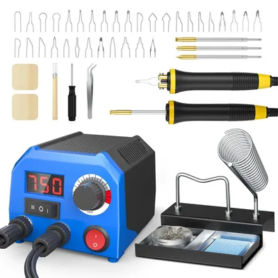 Image de Pyrographe - Kit de pyrogravure - Deux stylos à graver - Température réglable - Kit avec 33 pointes métalliques + 3 pointes - 220 V UE - Bleu