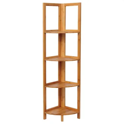 A wooden corner shelf unit against a white background.
