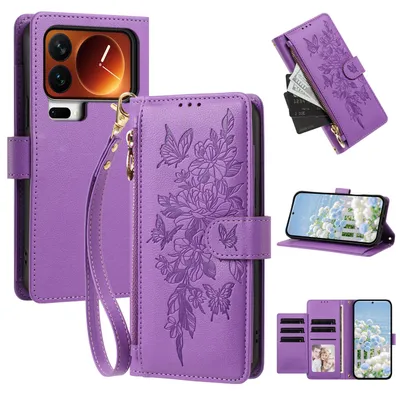Produktbild von Handyhülle für Xiaomi 17 Pro, Wallet Case Kunstleder mit Kartenfächern, Reißverschluss und Handschlaufe Lila