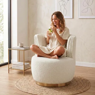 Produktbild von LVHOM Drehsessel mit Metallsockel, Relaxsessel Loungesessel Drehstuhl Wohnzimmer Sessel, Teddyplüsch Drehbarer Sessel Polstersessel, Weiß