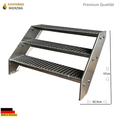 A metal staircase with three steps on a white background.