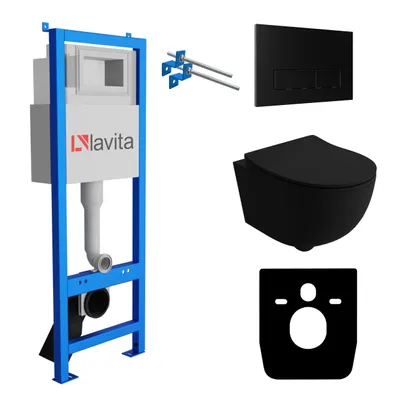 Produktbild von Lavita LAV 101 Vorwandelement für WC 40cm + Wand Hänge Tiefspül WC BRAVA Schwarz Spülrandlos + Bedienplatte LAV 200.3.4 Schwarz | Komplettset | Unterputz Spülkasten | Toilette Komplett Sett