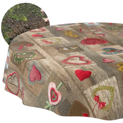 Tischdecke 140x140cm Rund Braun abwaschbar Baumwolloptik Trachtenherzen Braun wetterfest, Hauptbild
