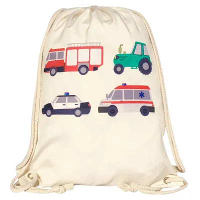 Immagine prodotto di HECKBO Sacca sportiva per bambini con vigili del fuoco, polizia, trattore e ambulanza | Zaino con corde per asilo e scuola, 40 × 32 cm