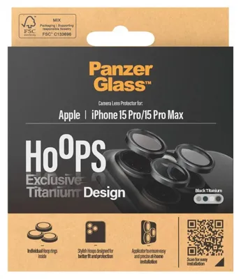 Produktbild von PanzerGlass ® Hoops® Titanium Kameraschutz Schwarz iPhone 15 Pro | 15 Pro Max, Apple, Apple - iPhone 15 Pro, Apple - iPhone 15 Pro Max, Trockene Anwendung, Kratzresistent, Schockresistent, Schwarz, 1 Stück(e)