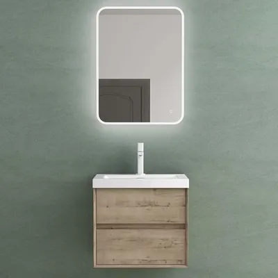 Produktbild von Mai & Mai Badmöbelset Badezimmermöbel Waschbeckenunterschrank 2 Schubladen mit Soft-Close inkl. Waschbecken und LED-Badspiegel Eiche Greige 60 cm Rimo