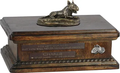 Zdjęcie produktu dla Bulterier, Bull Terrier V - urna na psie prochy, personalizowana urna ze statuetką, drewniana urna z psem marki Art-Dog