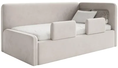 Image de Selsey Fanko – Lit enfant 90x200 cm avec barrière de sécurité, tête de lit à droite, velours, beige clair