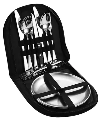 Immagine prodotto di Set di posate portatile - Set di posate da campeggio per 2 persone - Acciaio inossidabile - Custodia - Leggero - Pratico per picnic - Set di posate da campeggio