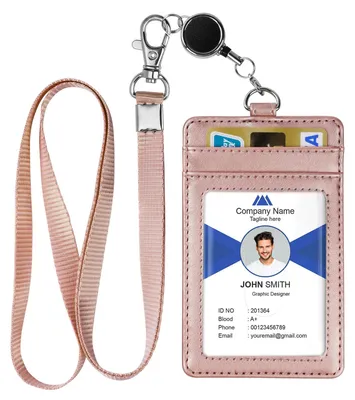 Image de Étui pour carte d'identité, en cuir PU, porte-cartes avec lanière, étui rétractable, avec 1 fenêtre transparente pour carte d'identité et 2 compartiments pour cartes (or rose)