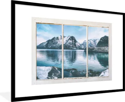 Produktbild von MuchoWow® Gerahmtes Poster Aussicht - Berge - Winter 90x60 cm - Poster mit Schwarzem Bilderrahmen Wandposter Rahmen Foto Bilder - Wanddekoration - Fotos