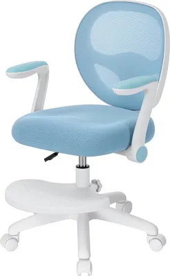 A blue and white ergonomic children's desk chair with a footrest.