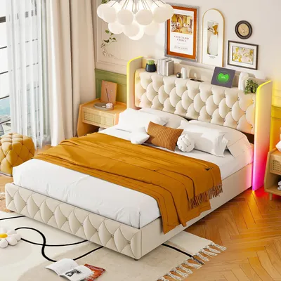 Image de Lit - Lit rembourré 160 x 200 cm - Espace de rangement - Revêtement en velours - Structure métallique avec sommier à lattes - Tête de lit - Design moderne