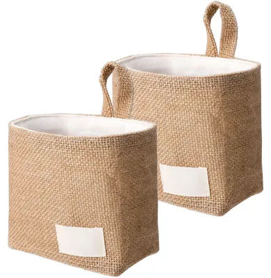2er-Set Leinen-Hängekörbe mit Katzenprint, 18x13x8 cm
