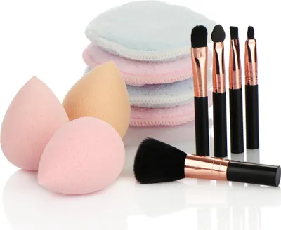 Produktbild von com-four® 12-teiliges Schminkset - Kosmetik-Pinsel - Make-Up Schwämme in Ei-Form - Gesichtsreinigungspads - ideal für Pulver, Creme und Flüssigkeit [Auswahl variiert]
