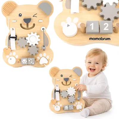Zdjęcie produktu dla Drewniana tablica manipulacyjna Montessori 10 w 1 sensoryczna, edukacyjna - Miś