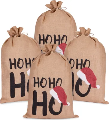 Four burlap Christmas sacks with 'Ho Ho Ho' text and Santa hats.